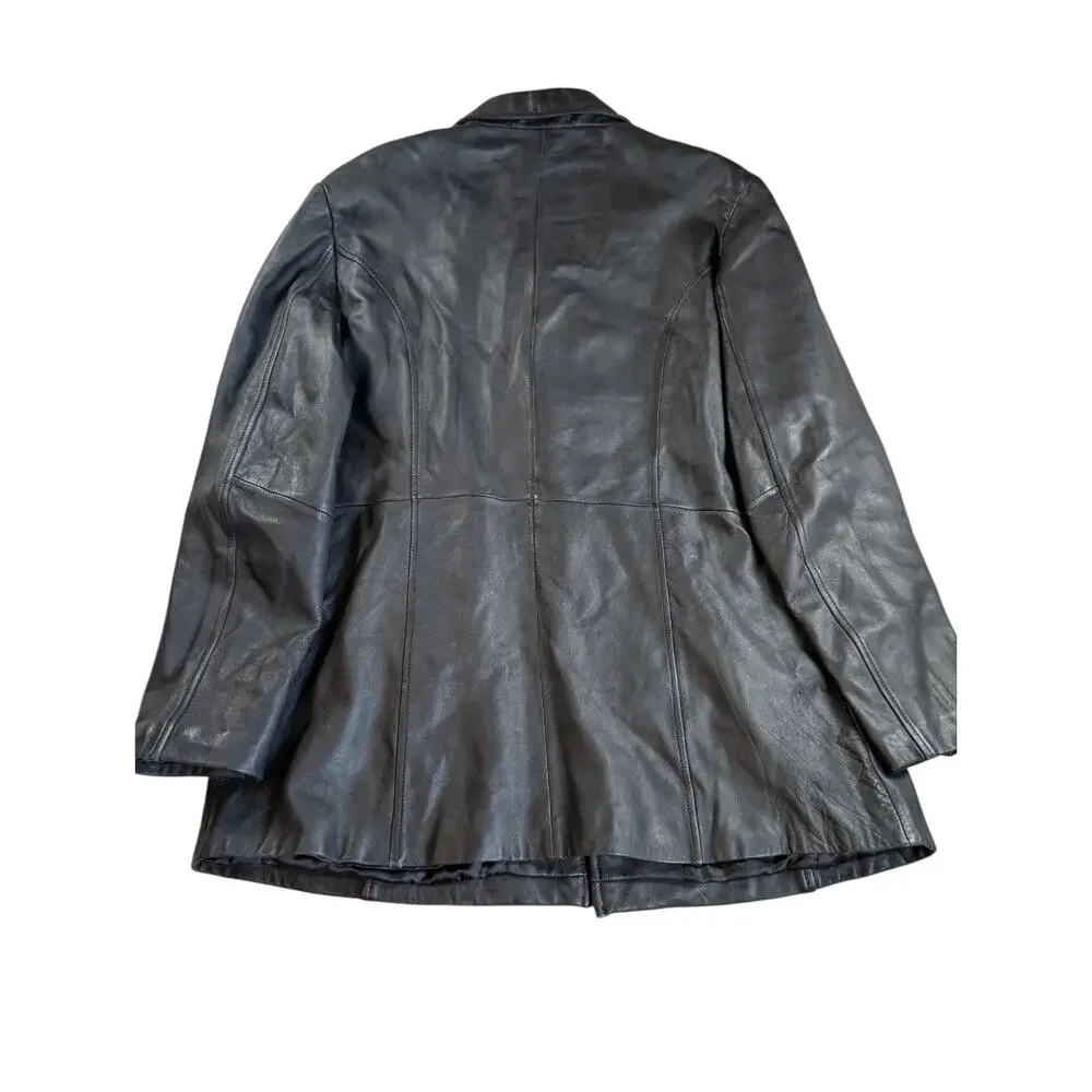 Modern Essentials Womens Black Long Button Front 100% Leather Jacket Large - Picture 2 of 9